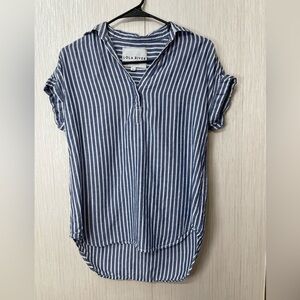 Lola River XS Linen Blend Striped Tunic Top Blue White Flowy Summer Coastal Chic